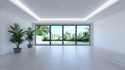 Empty room with large windows overlooking a tropical garden.