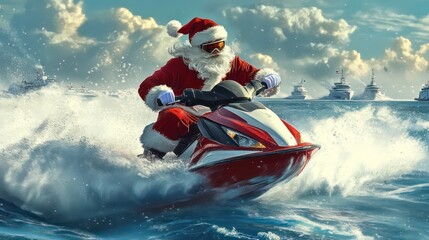 Santa Claus is riding a jet ski on a sunny day with a blue sky and white clouds in the background....