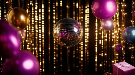 A disco ball is suspended in the air above a room full of pink and gold balloons. The scene is set in a party or celebration, with the disco ball and balloons creating a festive atmosphere