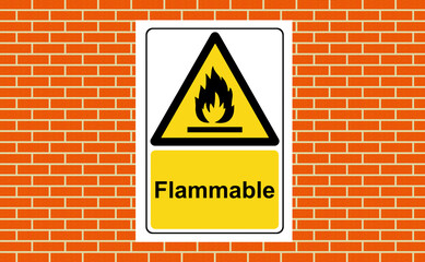 Flammable substances yellow warning sign on the wall