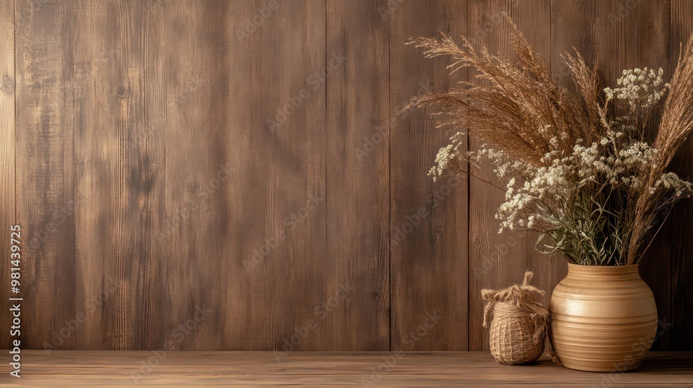Poster a wooden wall with a vase of flowers on it. the vase is filled with white flowers and is placed on a