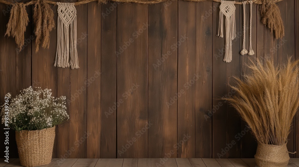 Poster a wooden wall with a basket of flowers and a bunch of strings hanging from it. scene is warm and inv