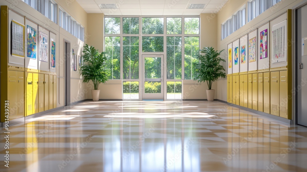 Aufkleber a school hallway with yellow and white walls and a large window. the hallway is empty and the only o
