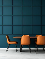 Obraz premium Modern dining room with teal walls and brown leather chairs.