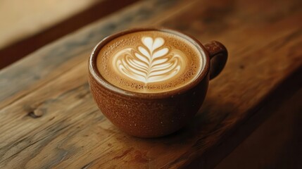 artisanal coffee experience featuring a perfectly crafted cappuccino in a handmade ceramic cup rich crema forms intricate latte art atop velvety microfoam set against a rustic wooden table