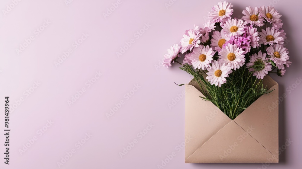 Aufkleber A bouquet of pink flowers is placed inside an open brown envelope. The flowers are arranged in a way that they fill the envelope, creating a sense of abundance and warmth