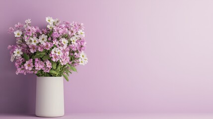 A white vase with pink flowers sits on a pink wall. The flowers are in full bloom and the vase is the perfect size to hold them. The scene is simple and elegant, with the pink flowers