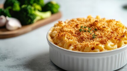 Enjoy creamy mac and cheese baked to perfection with a crispy topping and fresh greens