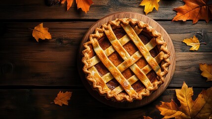 artisanal pumpkin pie with intricate lattice crust dusted with cinnamon and adorned with autumn leaves presented on rustic wooden table with warm ambient lighting