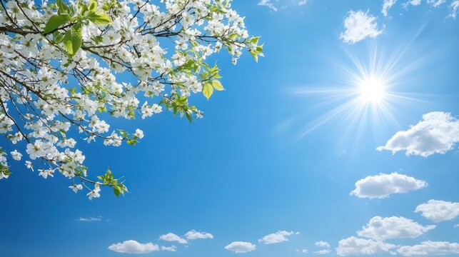 A beautiful blue sky with a few clouds and a tree with white flowers. The sun is shining brightly, making the scene look warm and inviting
