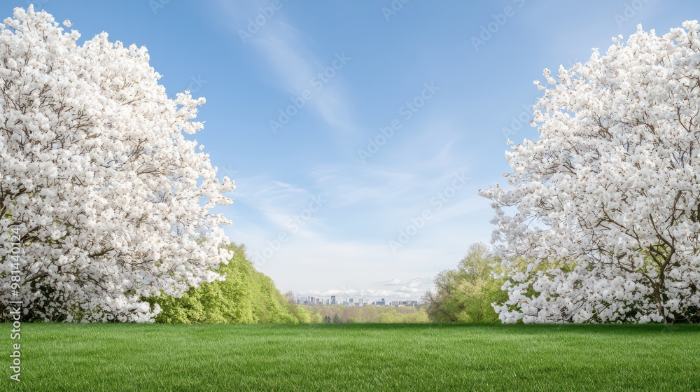 Poster A beautiful, serene scene of a field with two trees in the foreground and a clear blue sky in the background
