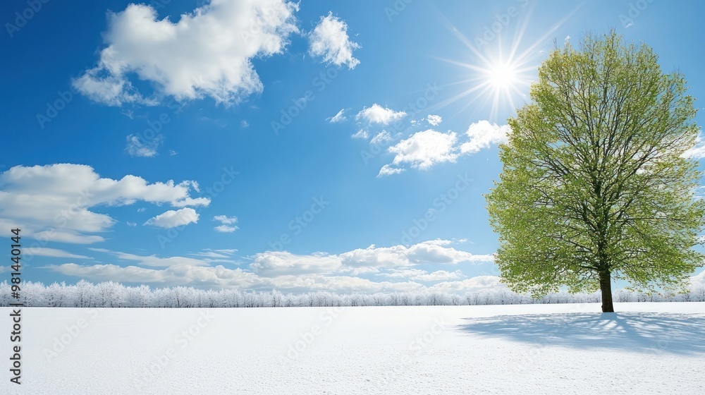Poster a tree stands in a snow-covered field with a bright sun shining on it. the sky is clear and blue, an