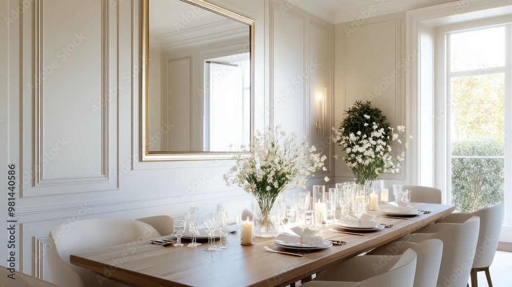 Aufkleber A large dining table with white chairs and a mirror above it. The table is set with a vase of flowers and a candle, creating a warm and inviting atmosphere. The room is well-lit and has a classic