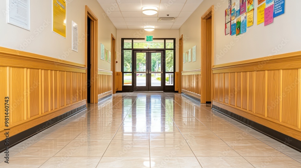 Poster A hallway with a door that says 