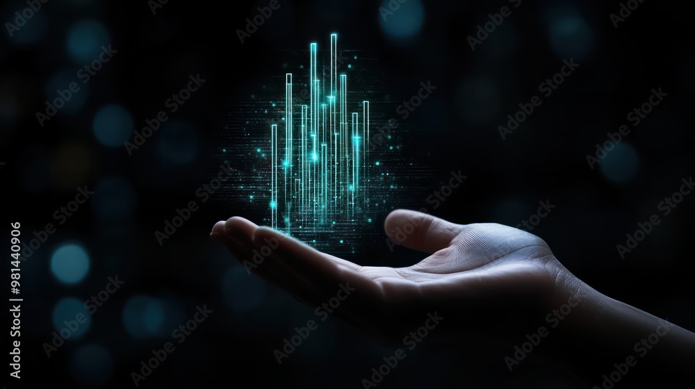 Poster A hand holding a glowing object with a blue background. Concept of wonder and fascination with technology and its potential