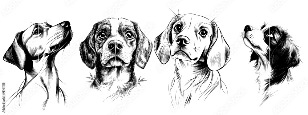 Wall mural continually drawn hound dog portrait isolated on white background. black linear sketch on white back