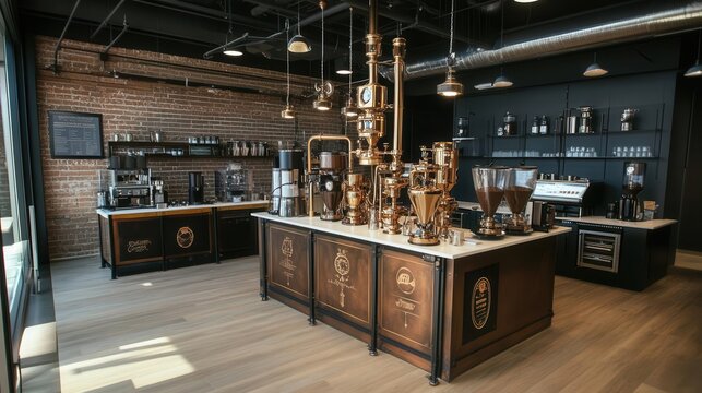 bustling office break room transformed into a steampunk coffee laboratory with elaborate brass and copper brewing contraptions creating swirling coffee art in midair