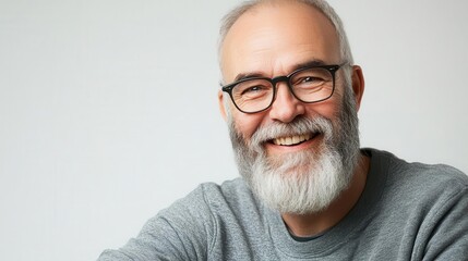 Obraz premium charismatic mature man with saltandpepper beard genuine smile lighting up his face wearing casual sweatshirt isolated on white embodying modern senior hipster style