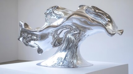 chrome liquid metal sculpture defying gravity droplets frozen midair reflecting iridescent light in a stark white studio