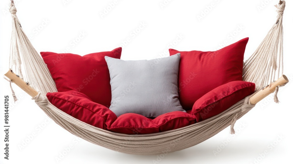 Poster a white hammock with a red pillow and a gray pillow hanging from it. the hammock is suspended in the