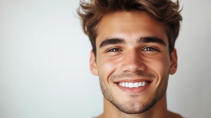 Fototapeta premium closeup portrait of a charismatic young man with a genuine smile perfect white teeth and warm eyes against a clean white background