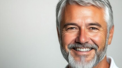 Fototapeta premium closeup portrait of a distinguished silverhaired gentleman with a warm smile crisp lighting accentuates his strong jawline and wellgroomed beard against a clean white background