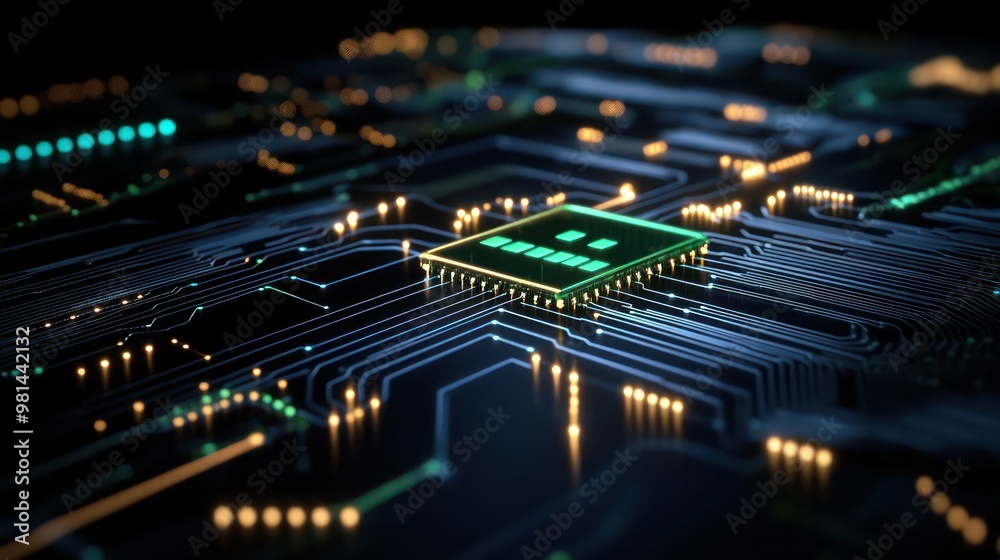 Aufkleber a computer chip with a green and orange design. the chip is surrounded by a black background. concep