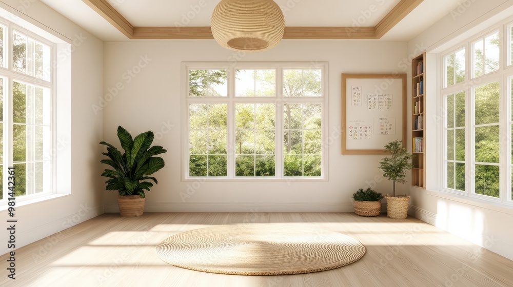 Aufkleber a large room with a white ceiling and white walls. a large window is open to the outside. a potted p