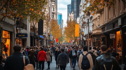 Obraz premium Urban Crowd Walking Through Sunlit City Streets