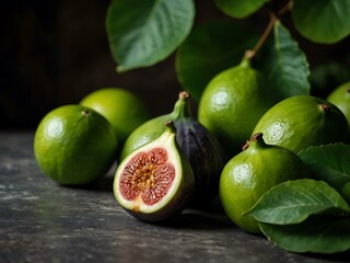 Green figs and limes with leaves in a natural setting.