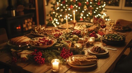cozy christmas dinner tableau rustic wooden table traditional feast spread warm candlelight festive decorations