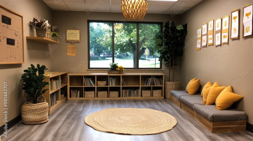 Poster a room with a rug on the floor and a window. the room is empty and has a lot of bookshelves