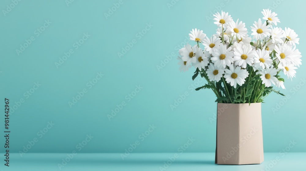 Poster a vase of white flowers sits on a blue background. the flowers are in a brown vase and are arranged 