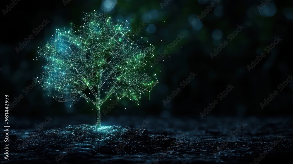 Poster A tree with a glowing green trunk is shown in a dark background. Concept of mystery and wonder, as the glowing tree seems to be a product of technology rather than nature