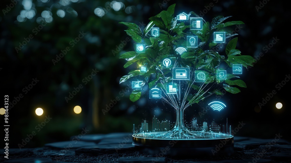 Poster A tree with many icons on it, including a wifi symbol. The tree is lit up and he is glowing
