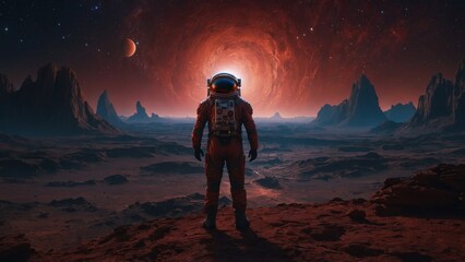 a man in a red suit on the background of a starry sky