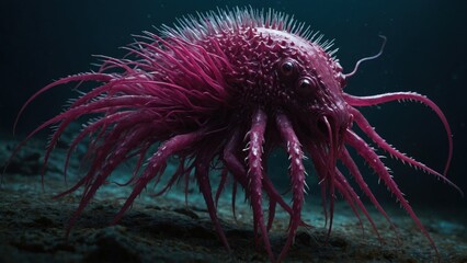 a purple jellyfish on a background of a dark sea surface