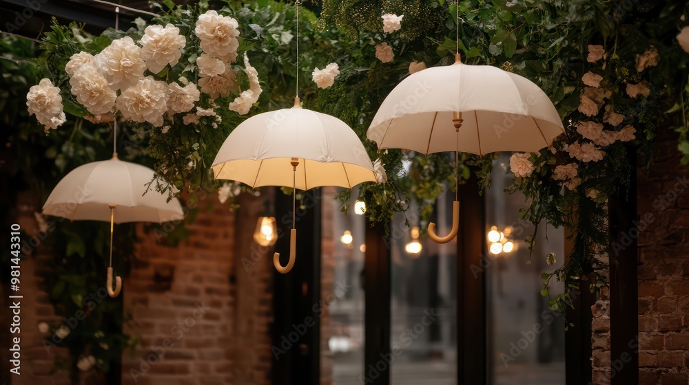 Poster three white umbrellas hanging from the ceiling, with flowers in the background. the umbrellas are su