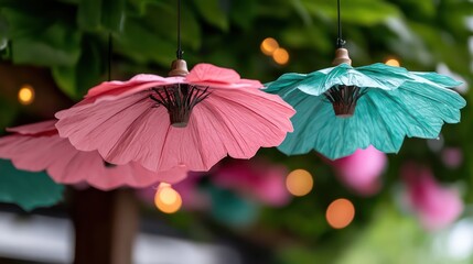 Two pink and blue paper umbrellas hanging from a tree. The pink one is on the left and the blue one is on the right