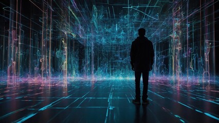 Obraz premium a young man standing in the corridor with a futuristic tunnel