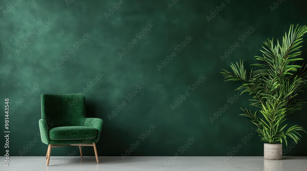 Poster a green chair sits in front of a green wall. the chair is a deep green color and is placed in front 