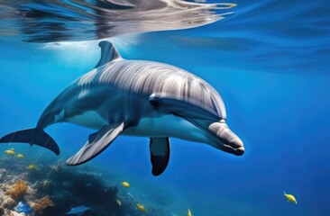 Fototapeta premium Close-up. A dolphin swims in the ocean among corals. Underwater photography. Postcard with a dolphin.