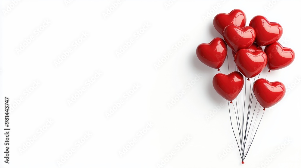 Poster A bunch of red balloons with hearts on them. The balloons are clustered together and are floating in the air. Concept of love and happiness