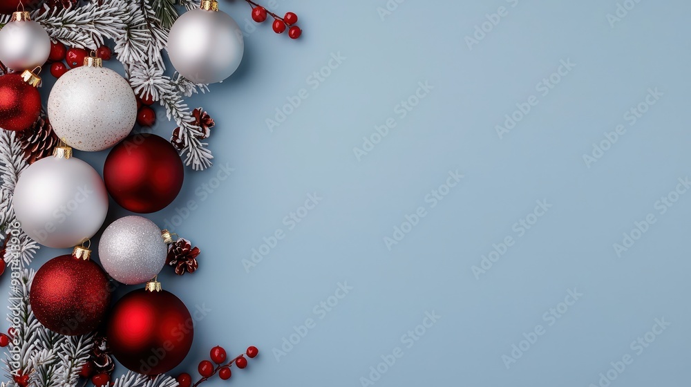 Poster a blue background with a bunch of red and white christmas ornaments. the red and white ornaments are