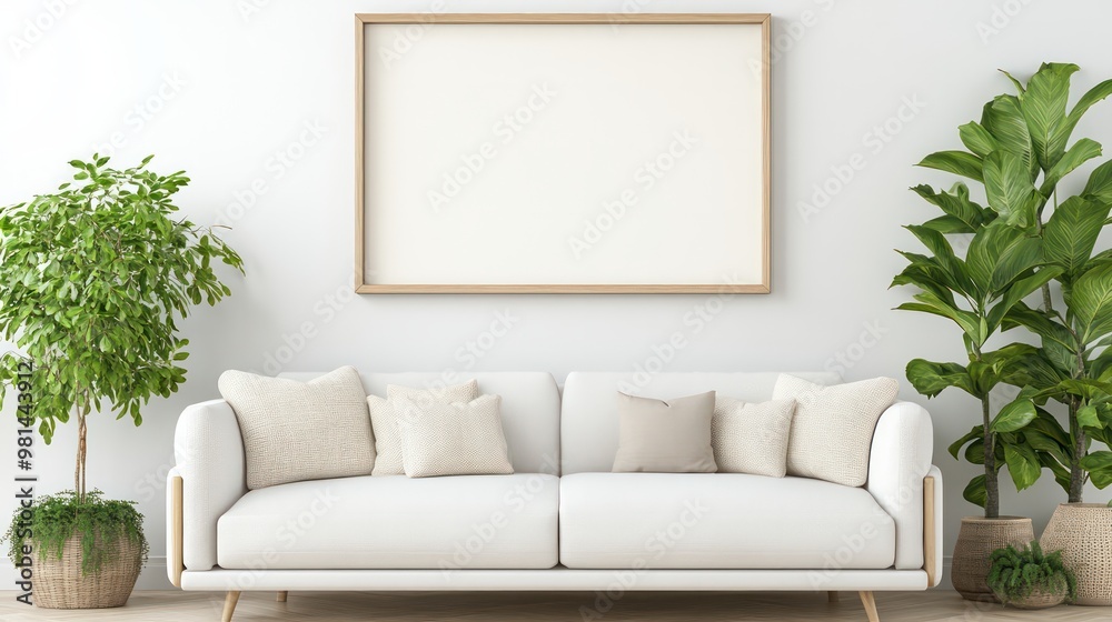Poster a white couch is placed in front of a white wall. there are two potted plants in the room, one on th