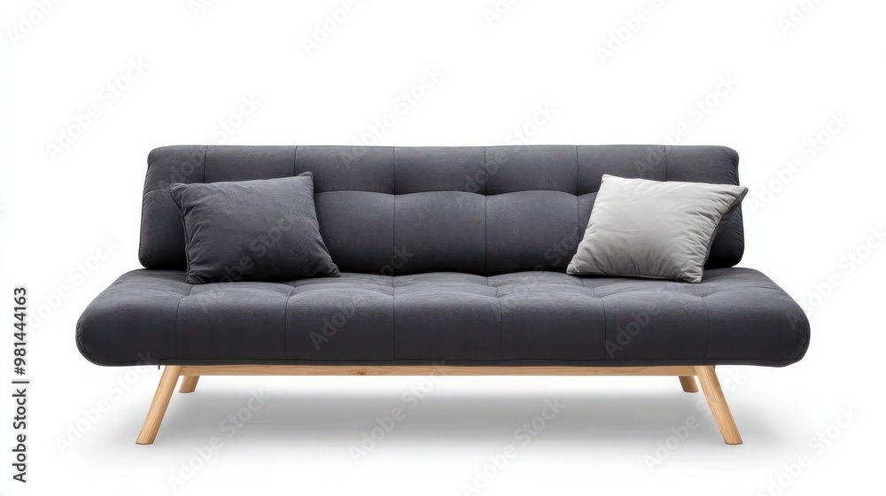 Poster a gray couch with pillows on it. the couch is made of wood and has a modern design