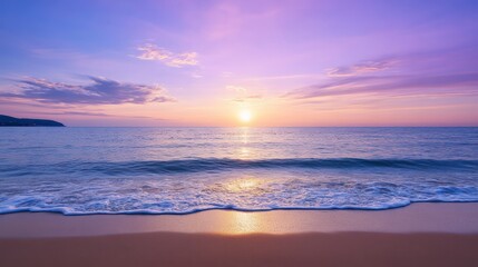 Fototapeta premium The ocean is calm and the sky is a beautiful shade of purple. The sun is setting, casting a warm glow over the water