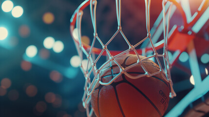 Fototapeta premium Close-up of basketball going through hoop, action shot in stadium lights