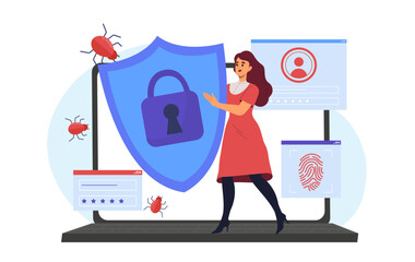 Cyber defense woman. Young girl with shield near laptop. Protection of personal information and data. Safety and security on internet. Flat vector illustration