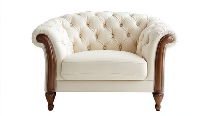 A white leather chair with wooden legs. The chair is sitting on a white background. The chair is very elegant and has a classic look